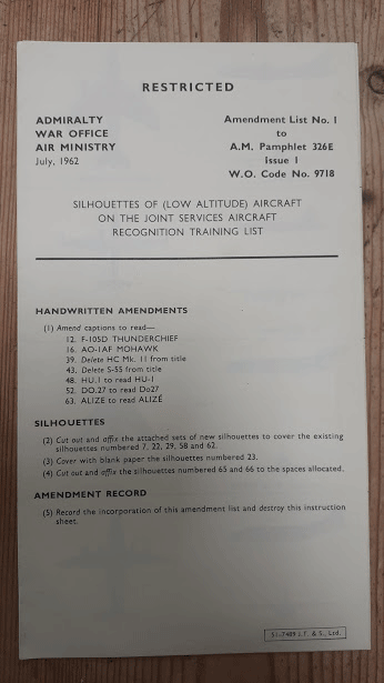 Admiralty War Office Air Ministry pamphlet Jul 1962 silhouettes of (low altitude) aircraft recognition training list Admiralty War Office Air Ministry pamphlet Jul 1962 silhouettes of (low altitude) aircraft recognition training list