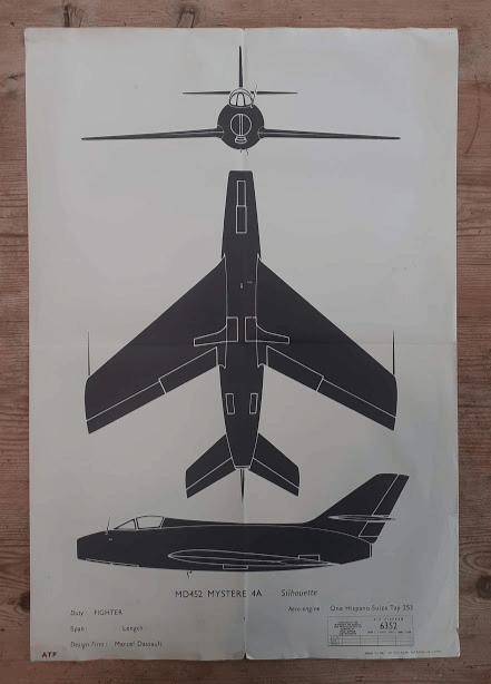 aircraft silhouette identification poster MD452 MYSTERE 4A 6352 aircraft silhouette identification poster MD452 MYSTERE 4A